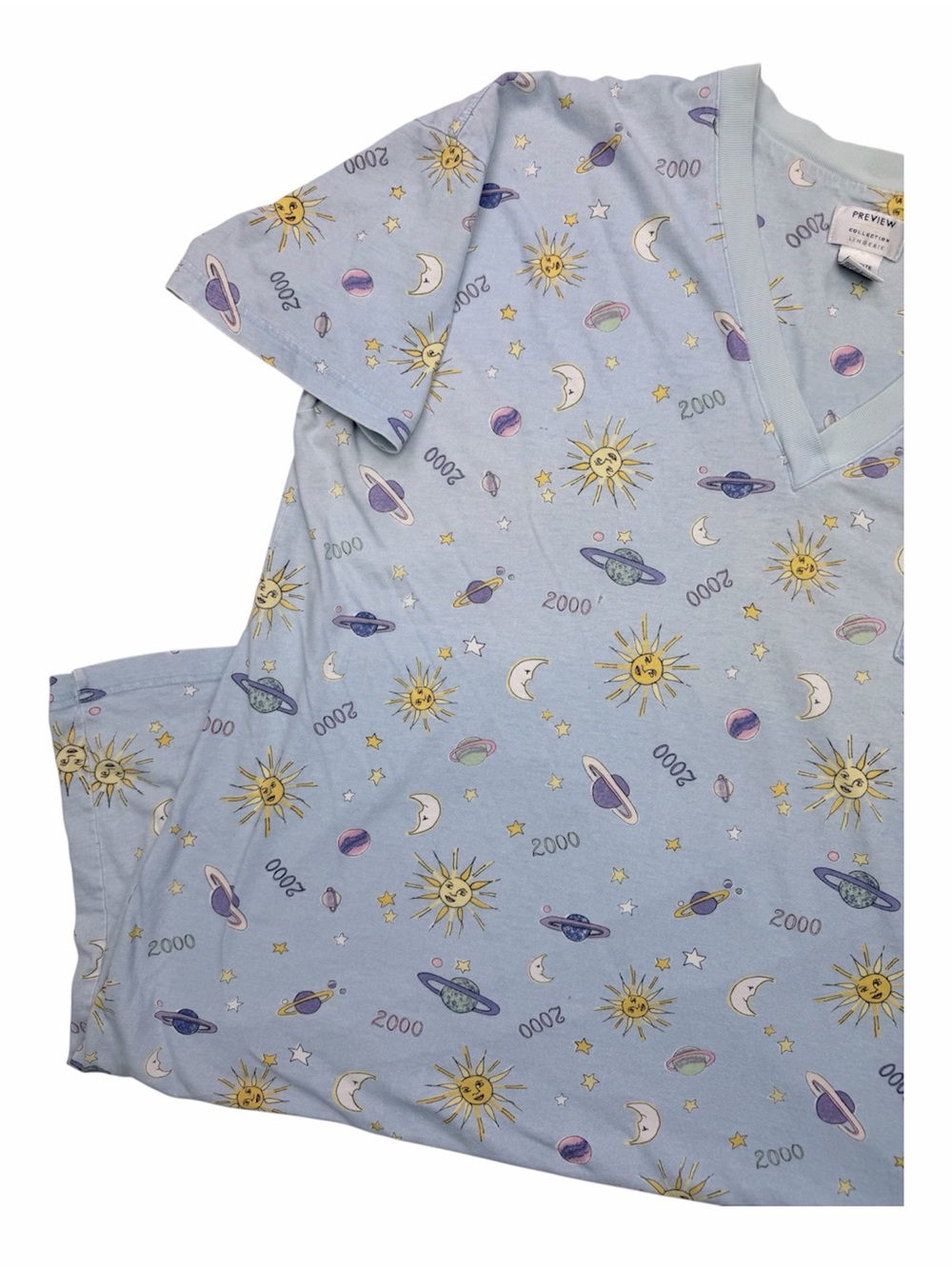 Vintage Y2K 2000 Celestial Sun Moon Planet Print Cotton Sleep Shirt Nightgown OS